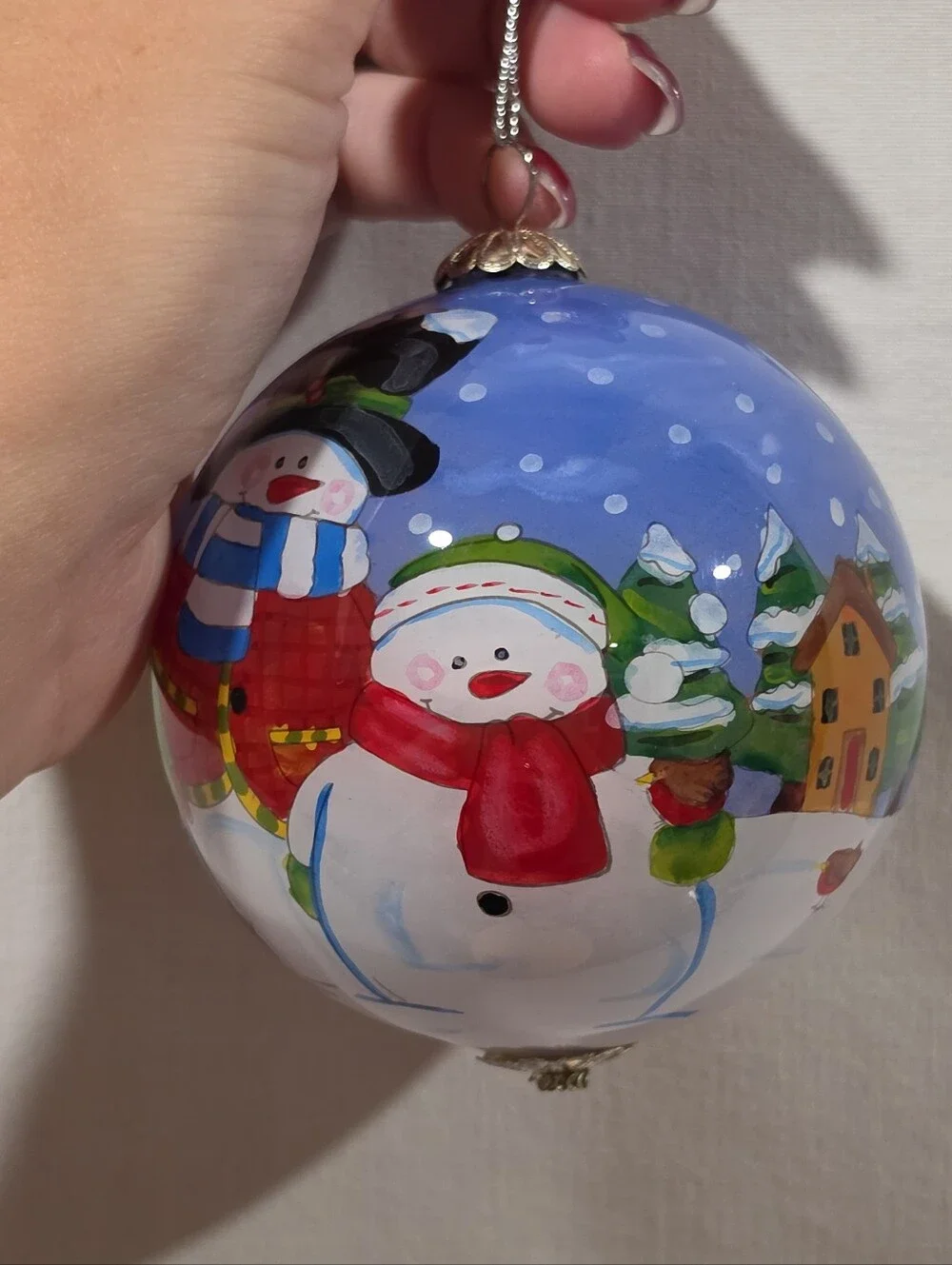 2010 Pier One Li Bien Hand Painted Glass Snowman Christmas Ornament w Box